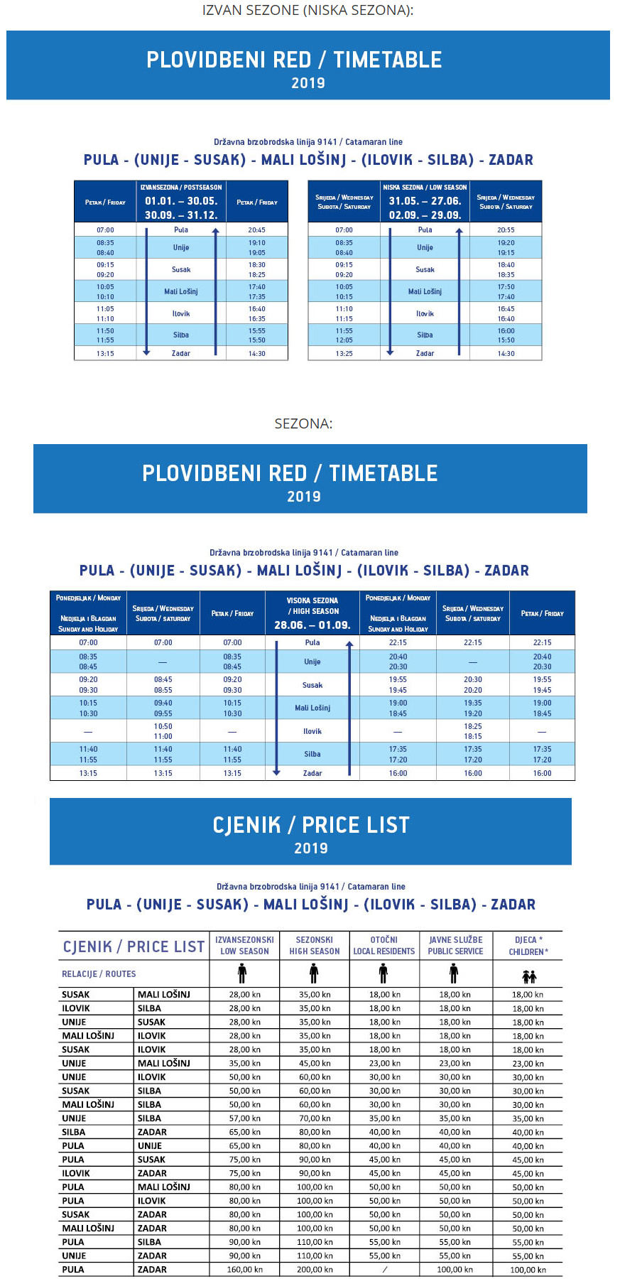 Pula Silba trajekt katamaran vozni plovidbeni red 2019