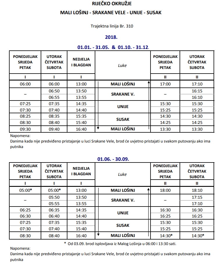 Trajekt Mali Lošinj vozni red i cijene Jadrolinija 2019 - Srakane Vele - Unije - Susak - Mali Lošinj